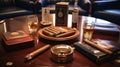 A selection of premium cigars and fine tobaccos on a mahogany table in a well-ventilated executive lounge