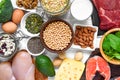 Selection of protein food sources. Meat, fish, vegetables, dairy, beans, nuts and seeds for healthy balance diet Royalty Free Stock Photo