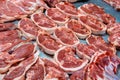 Selection of quality meat in a butcher shop. Different types of fresh meat are on display. Meat assortment Royalty Free Stock Photo