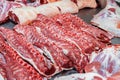 Selection of quality meat in a butcher shop. Different types of fresh meat are on display. Meat assortment Royalty Free Stock Photo