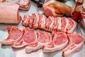 Selection of quality meat in a butcher shop. Different types of fresh meat are on display. Meat assortment Royalty Free Stock Photo