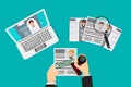 Selection of resumes by a human resources team, a recruiter approves one of them with a rubber stamp, hiring procedure is carried Royalty Free Stock Photo