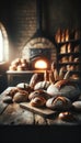 selection of rye breads, sourdough loaves, and brioche on a vintage wooden countertop in a bakery. Generative AI