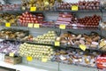 Selection of sausages at the Traffic Light store in the gastronomic department of semi-finished products. Royalty Free Stock Photo