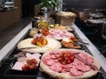 Selection of self service catering continental breakfast buffet display, catering or brunch table Royalty Free Stock Photo