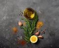 Selection of spices, herbs and greens. ingredients for cooking Royalty Free Stock Photo