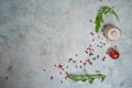 Selection of spices herbs and greens. Ingredients for cooking. Food background on black slate table. Royalty Free Stock Photo