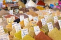 Selection of spices on a traditional Moroccan market souk in M Royalty Free Stock Photo