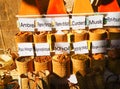 Selection of spices on a traditional Moroccan market souk in Marrakech Royalty Free Stock Photo