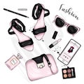 A selection of stylish women`s accessories. Fashionable illustration. Vector for greeting card or poster, print on clothes.