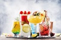 Selection of summer alcoholic cocktails, popular bright refreshing alcohol drinks and beverages Royalty Free Stock Photo