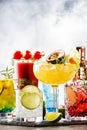 Selection of summer alcoholic cocktails, popular bright refreshing alcohol drinks and beverages Royalty Free Stock Photo