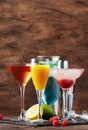Selection of summer alcoholic cocktails, popular bright refreshing alcohol drinks and beverages Royalty Free Stock Photo