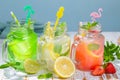 Selection of summer lemonades in glass jars Royalty Free Stock Photo