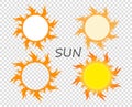 Selection of suns with tongues of flame. Vector design elements on isolated transparent background.