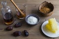 Selection of sweetener ingredients, including honey, sugar and maple syrup Royalty Free Stock Photo