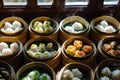 A selection of traditional Chinese dim sum in bamboo steamers. Generative AI Royalty Free Stock Photo