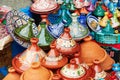 Selection of traditional tajines on Moroccan market