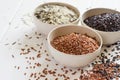 Selection of variety of gourmet rice in bowls. Selective focus, copy space Royalty Free Stock Photo