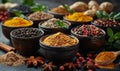 Selection of various colorful spices on black slate background Royalty Free Stock Photo