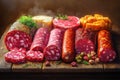 Selection of various cured meats displayed on a wooden board with herbs and spices in a rustic setting, highlighting Royalty Free Stock Photo