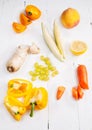 Selection of various fresh yellow raw organic produce fruits and vegetables. Royalty Free Stock Photo