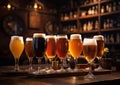 Selection of various glasses with craft beer on pub table with various bottles background.Macro.AI Generative Royalty Free Stock Photo