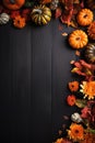 Selection of various pumpkins on dark wooden background. Autumn vegetables and seasonal decorations Royalty Free Stock Photo