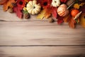 Selection of various pumpkins on wooden table background. Autumn vegetables and seasonal decorations Royalty Free Stock Photo