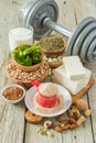 Selection vegan protein sources on wood background