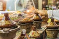 Selection of very colorful Moroccan tajines (traditional casserole dishes)