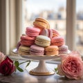 Selection of vibrant macarons arranged on a circular cake plate, AI-generated.