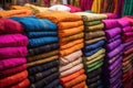 selection of vibrant sari fabrics in a market