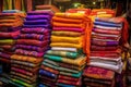 selection of vibrant sari fabrics in a market