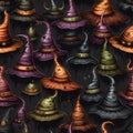 Selection of vibrant witch hats set against a dark backdrop, AI-generated. Royalty Free Stock Photo