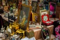 Antiquities at flea market, selection of vintage things, antique stuff Royalty Free Stock Photo