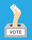Selection And Voting. A Hand From The Ballot Box Vote Holds A Ballot Paper With A Checkmarked Selection. Vector