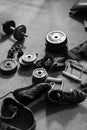 Assorted weight-training Equipment Including Round Weights.