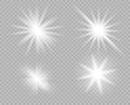 A selection of white bright objects of light, glare. Glitter, explosion, star Shine. Vector decoration of new year, Christmas. Royalty Free Stock Photo