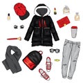 Selection of winter women`s clothing. Jacket, coat, shoes, bag, perfume, cosmetics and other accessories. A set of stickers. Royalty Free Stock Photo