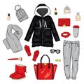 Selection of winter women`s clothing. Jacket, coat, shoes, bag, perfume, cosmetics and other accessories. A set of stickers.