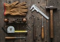 A selection of woodworking tools on a rustic wooden surface Royalty Free Stock Photo