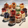 selections of cakes and sweet desserts in glass cups, topped with fruits. Royalty Free Stock Photo