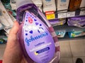 Selective blur on a bottle of Johnsons baby shampoo for sale in Belgrade