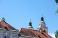 Selective blur on the clocktower of the Ljubljana cathedral with its typical austro hungarian baroque architecture. Royalty Free Stock Photo