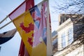 Selective blur on a flag of the dutch province of limburg waiving in the streets of Maastricht, Netherlands. Dutch limburg is a Royalty Free Stock Photo