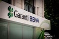 Selective blur on a Garanti BBVA Bank logo on an office in Istanbul.