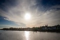 Selective blur on the Maastricht Waterfront on the Meuse Maas river with a focus on the hoge brug bridge, in autumn, during a Royalty Free Stock Photo