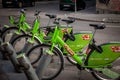 Selective blur on Mol Bubi bicycles on a rack in a rent a bike station of Budapest. Royalty Free Stock Photo