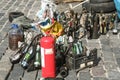 Selective blur on Molotov cocktails made of old beer bottles on display on barricades on Maidan Square in Kyiv